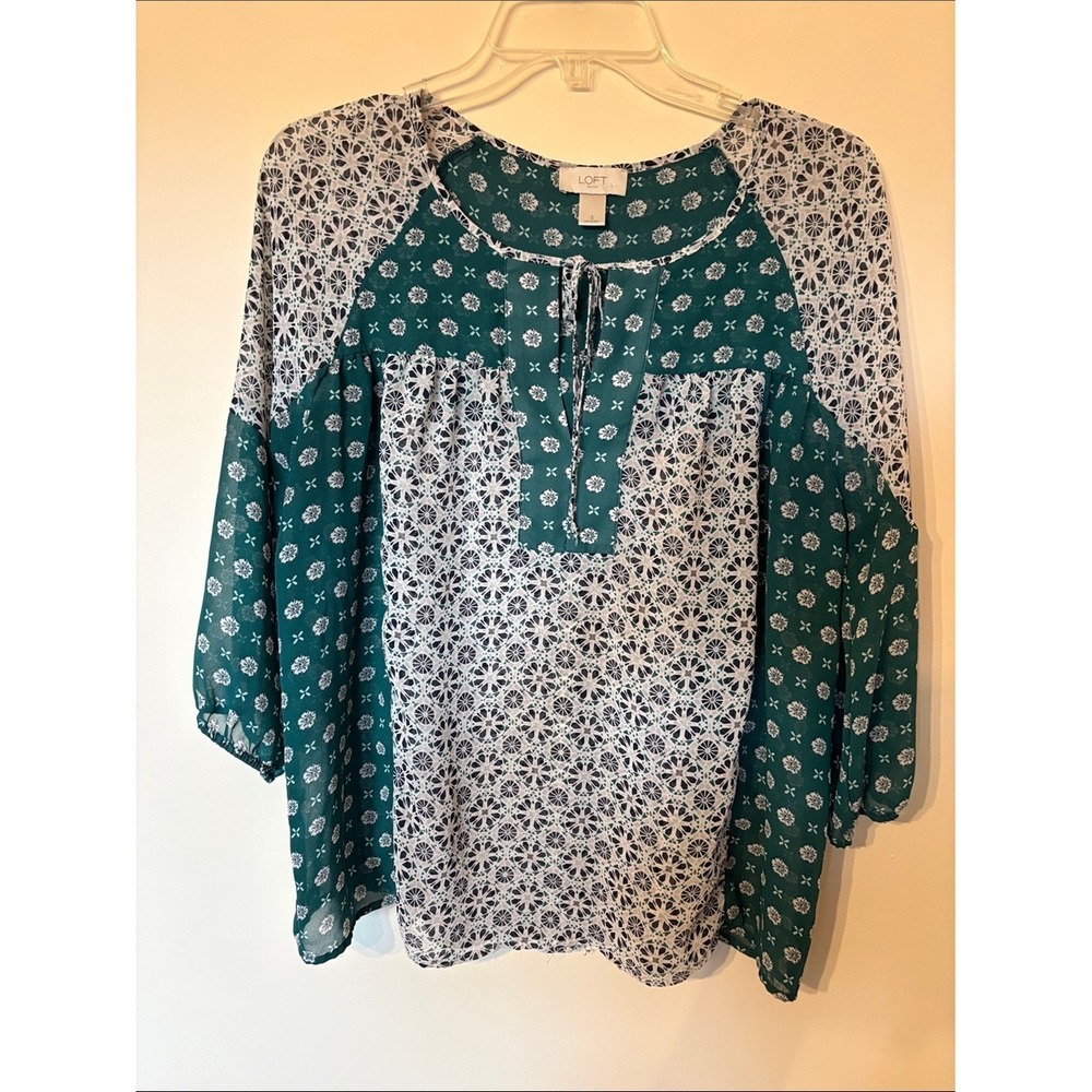 LOFT Teal and White Mixed-Print Peasant Blouse Boho Tie Neck Top Size S
